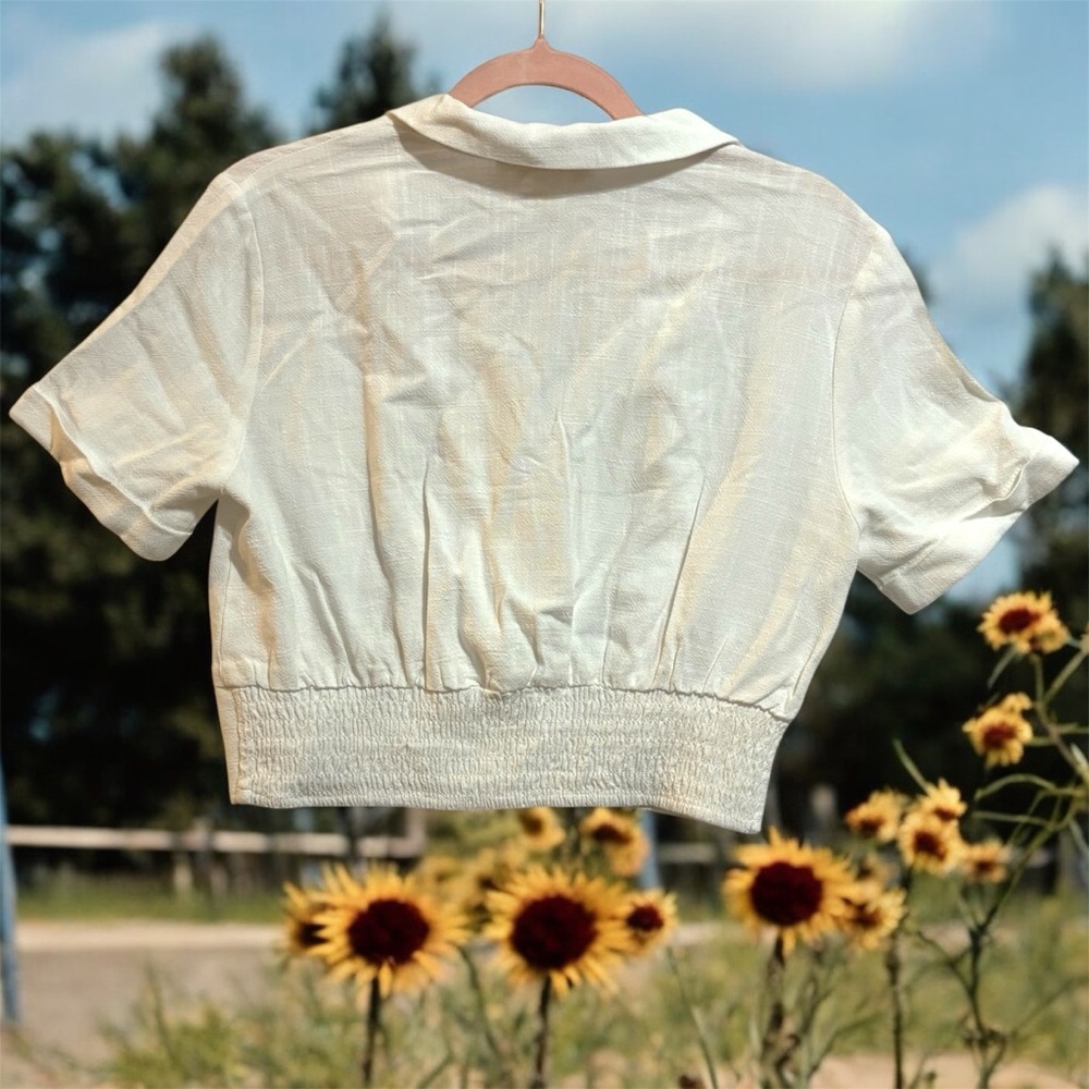 Monteau Los Angeles Cream Linen Blend Button-Up Crop Top Large Ruched - Picture 2 of 9